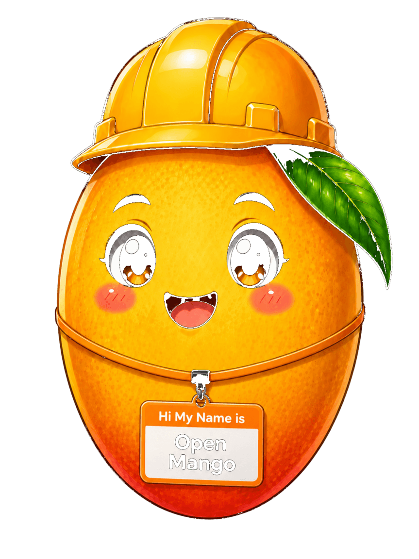 OpenMango mascot — hard hat operator with Open Mango name badge